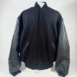 Vintage Holloway Varsity Jacket Wool Leather Made USA Black Mens XL